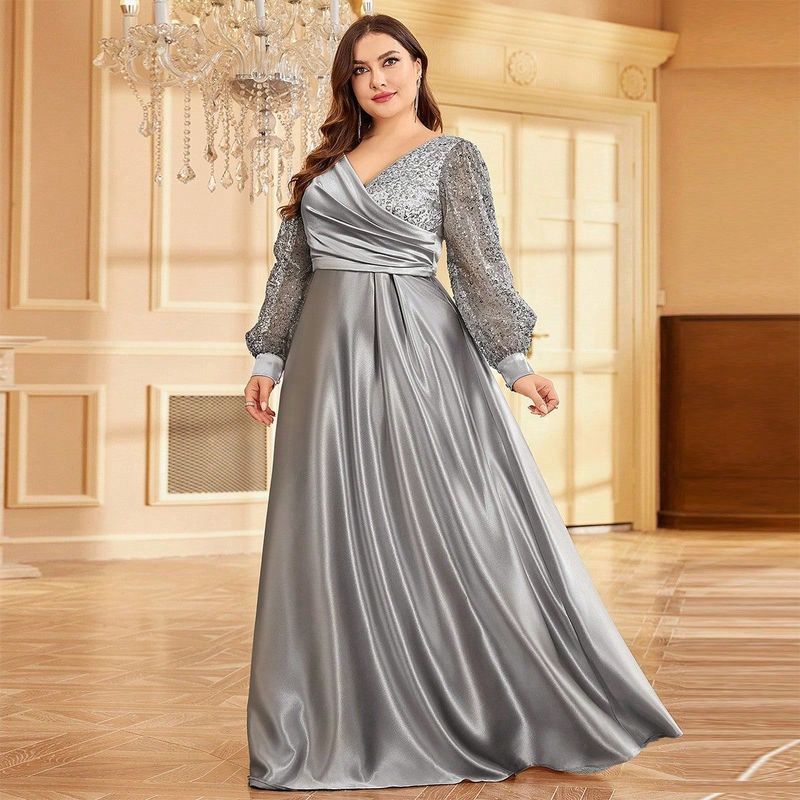 Elegant Plus Size Satin V-Neck Long Sleeve Evening Dress With Sequins, Formal Gown For Women, Available In Green & Navy Blue_voghion.com