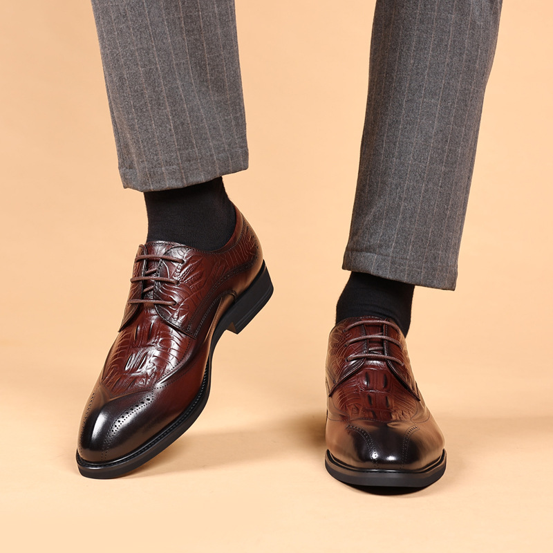 Unbeatable Quality First Layer Cowhide British Style Genuine Block Carved Shoes, Crocodile Pattern Men's Business Dress Leather Shoes_voghion.com