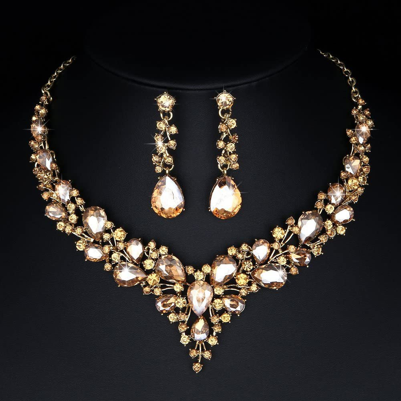 Set di orecchini con collana di cristalli di strass da sposa, accessori per costumi da ballo da donna_voghion.com