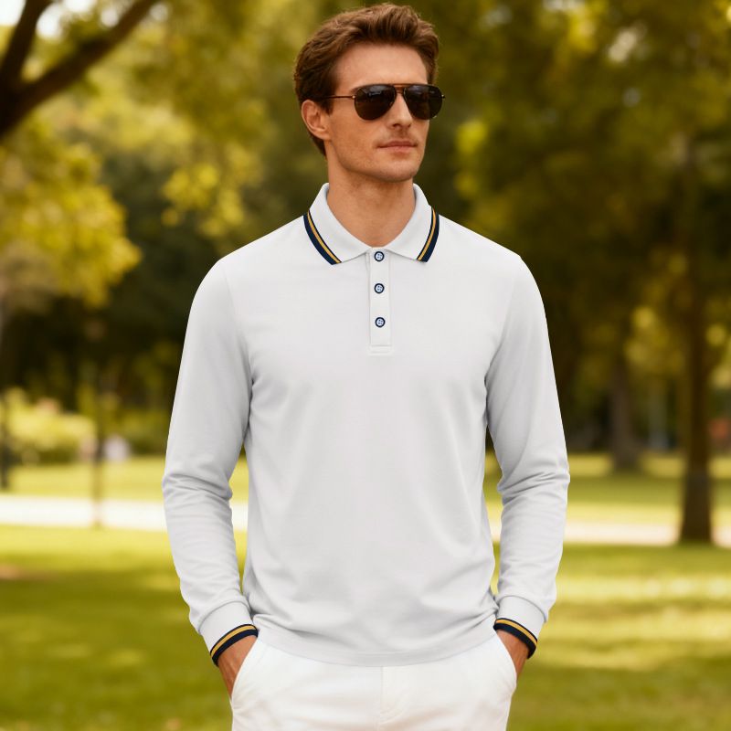 Men's Breathable Jacquard Polo Shirt - Loose Fit Long Sleeve Casual Top For Golf & Everyday Wear_voghion.com