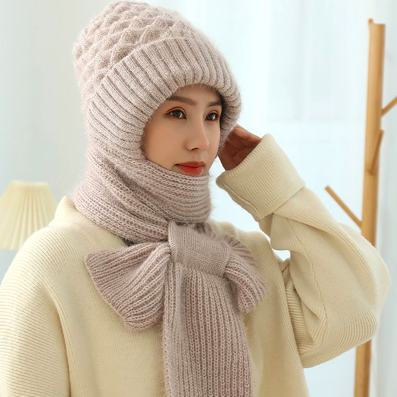 Plysch och allt-i-ett stickad dam vinter varm mössa Scarf förtjockad huva öronskydd utomhusskidor mössa för kvinnor_voghion.com