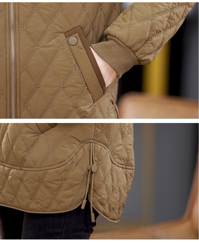 Damen Steppjacke neuer Stil mittellang modischer West-Stil Raute lässig dünner Baumwollmantel_voghion.com