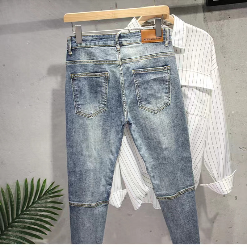 Jeans pour hommes Pantalons à neuf points Slim Double Zipper Stretch Pantalons décontractés Longs_voghion.com