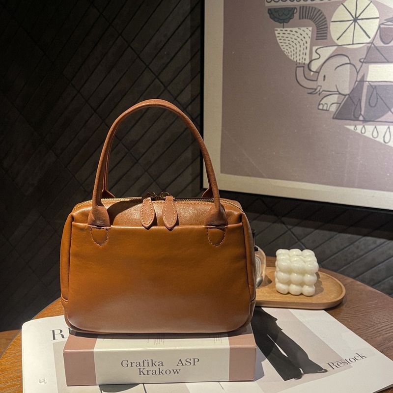 Borsa a mano da donna in pelle conciata al vegetale, borsa quadrata Boston in pelle di vacchetta in stile francese, piccola taglia 2024, nuova tracolla singola_voghion.com