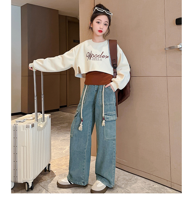 Set di jeans cargo con cappuccio alla moda da ragazza in tre pezzi autunnale da ragazza_voghion.com