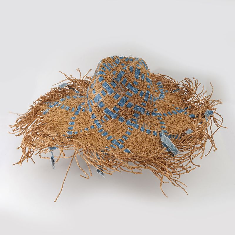 Hot Sale New Summer Wacation Natural Lafite Women's Handmade Woven Beach Straw Hat Tassel Splicing Design_voghion.com