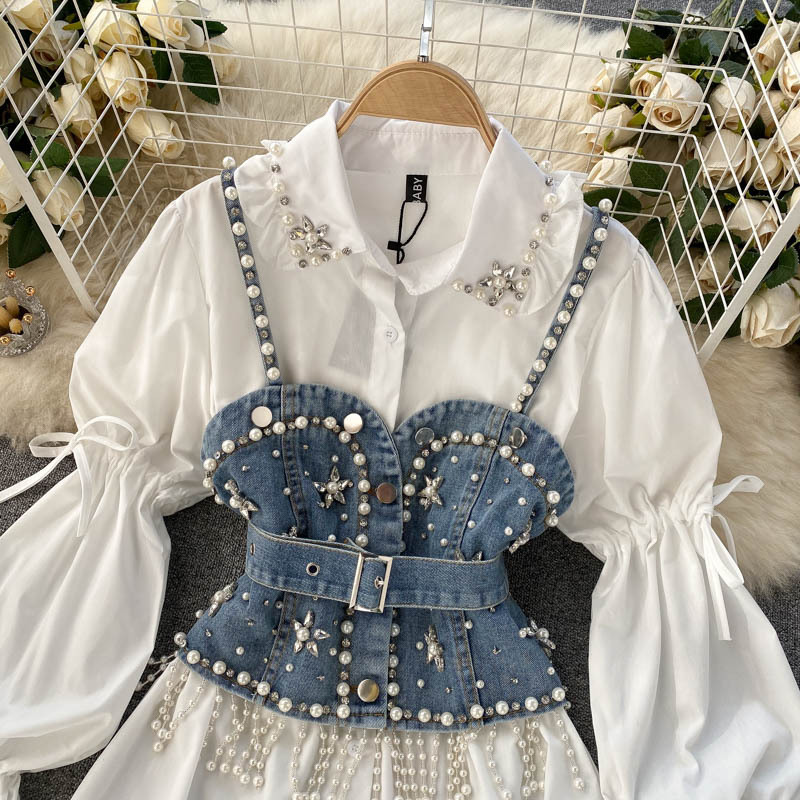 Sieviešu modes krekls ar pufām piedurknēm, augšējais bārkstis pērļu pavadas veste divdaļīgs komplekts_voghion.com