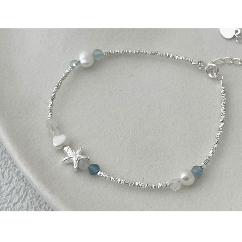 Women’s Summer Starfish Natural Pearl Charm Bracelet - Niche Fresh Design With Fragmented Silver & Aquamarine Accents_voghion.com