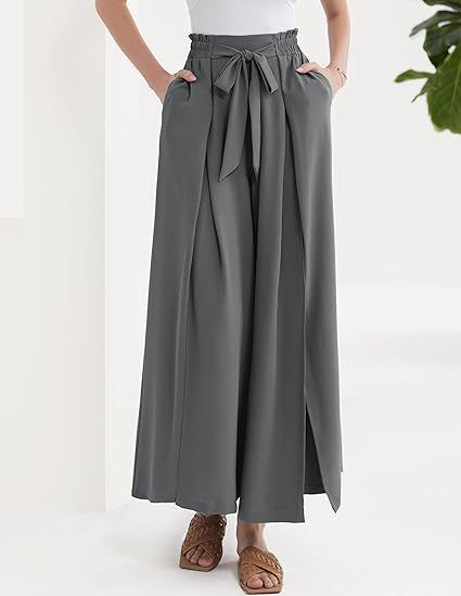 Calça Palazzo Feminina Leve, Casual, de Cintura Alta, com Bolsos e Fenda - Calça Larga e Flutuante para o Verão_voghion.com