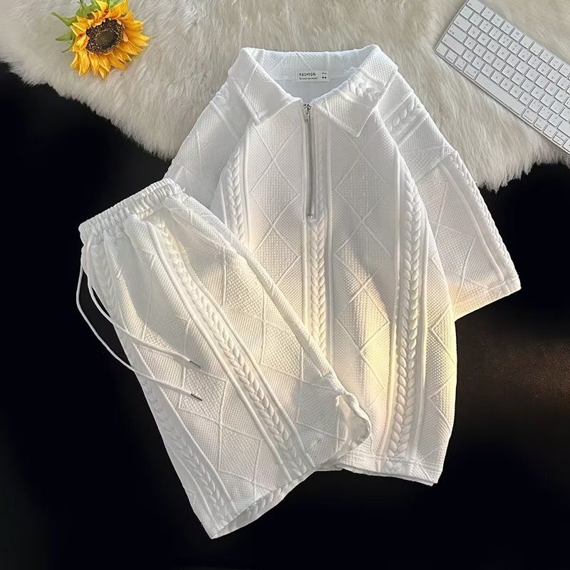 Waffel-Poloshirt, kurzärmelig, T-Shirt, Shorts, Sommer, lockere Kleidung, trendiges Top-Hosen-Set für Herren_voghion.com