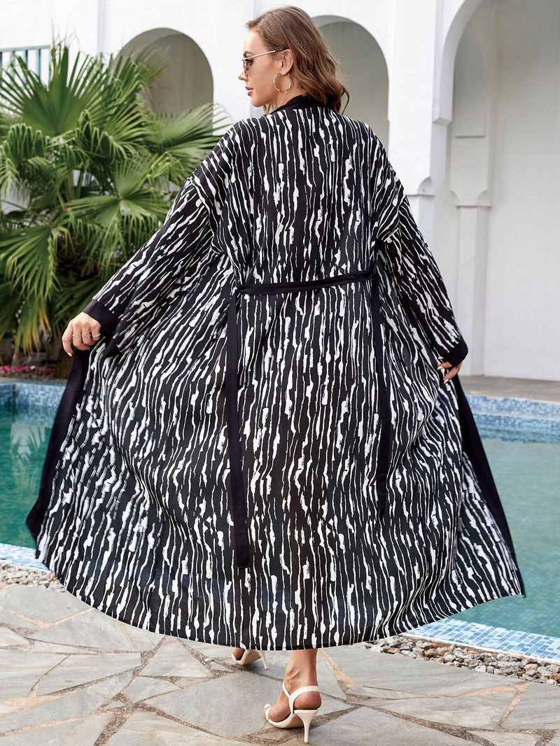 Copricostume da spiaggia in cotone con stampa tropicale – Kimono a maniche lunghe con protezione solare, copricostume bikini, abbigliamento da resort, leggero (taglia unica, stampa nera/bianca/palma)_voghion.com
