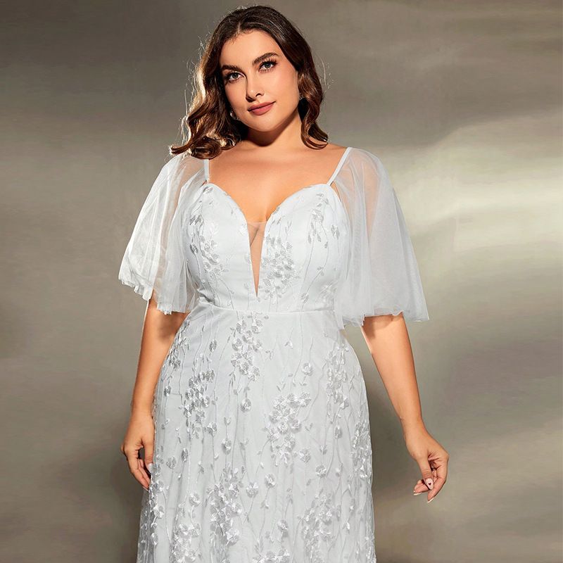 Elegantes langes Abendkleid für Damen mit Spitze und tiefem V-Ausschnitt – sexy Abendkleid für Partys, Brautjungfern, Abschlussbälle (weiß, Übergröße 0XL-4XL)_voghion.com