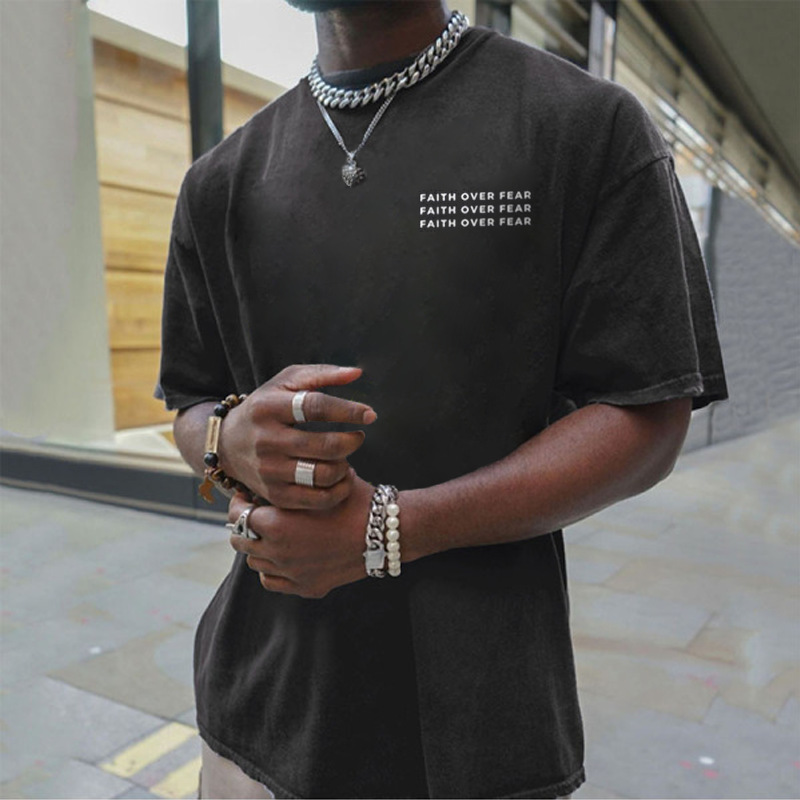 Men's Summer Plus Size Men's Simple "FAITH OVER FEAR" Printed Crew Neck T-shirt_voghion.com