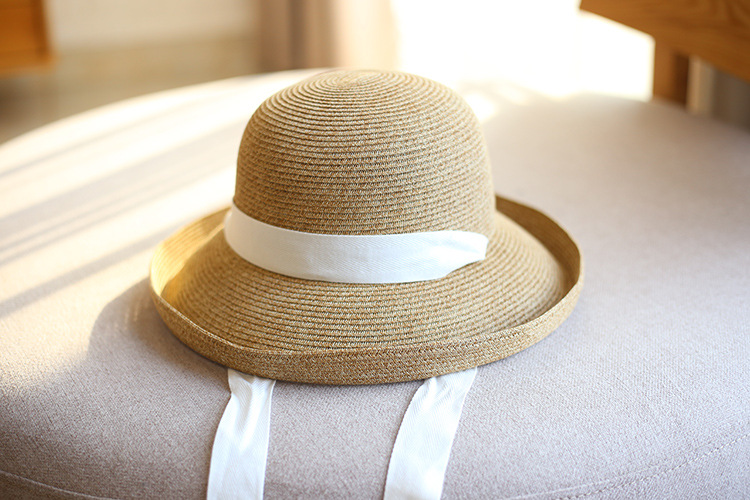 Japanischer Papyrus-Sonnenschutzhut mit gewelltem Rand und faltbarem Band, Fischerhut für den Strand, Strohhut für Damen_voghion.com