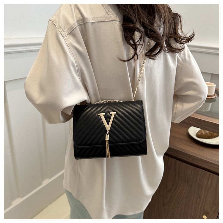 Borsa a tracolla con decorazione a V con nappe ricamate, semplice e versatile, da donna, modello 2024_voghion.com