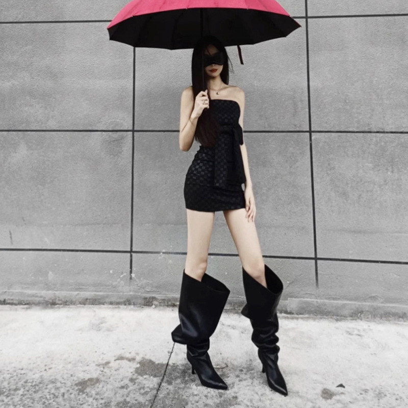 Oversized High Heeled Boots European And American Hot Girls Fashion Pointed Toe Stiletto Over The Knee Wide Pile_voghion.com