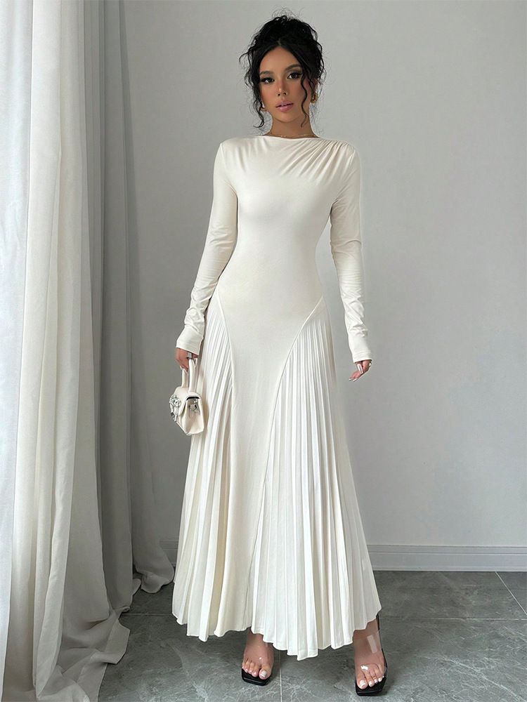 Nuovo abito plissettato a maniche lunghe lavorato a maglia, gonna lunga, elegante, sottile, versatile, alla moda_voghion.com