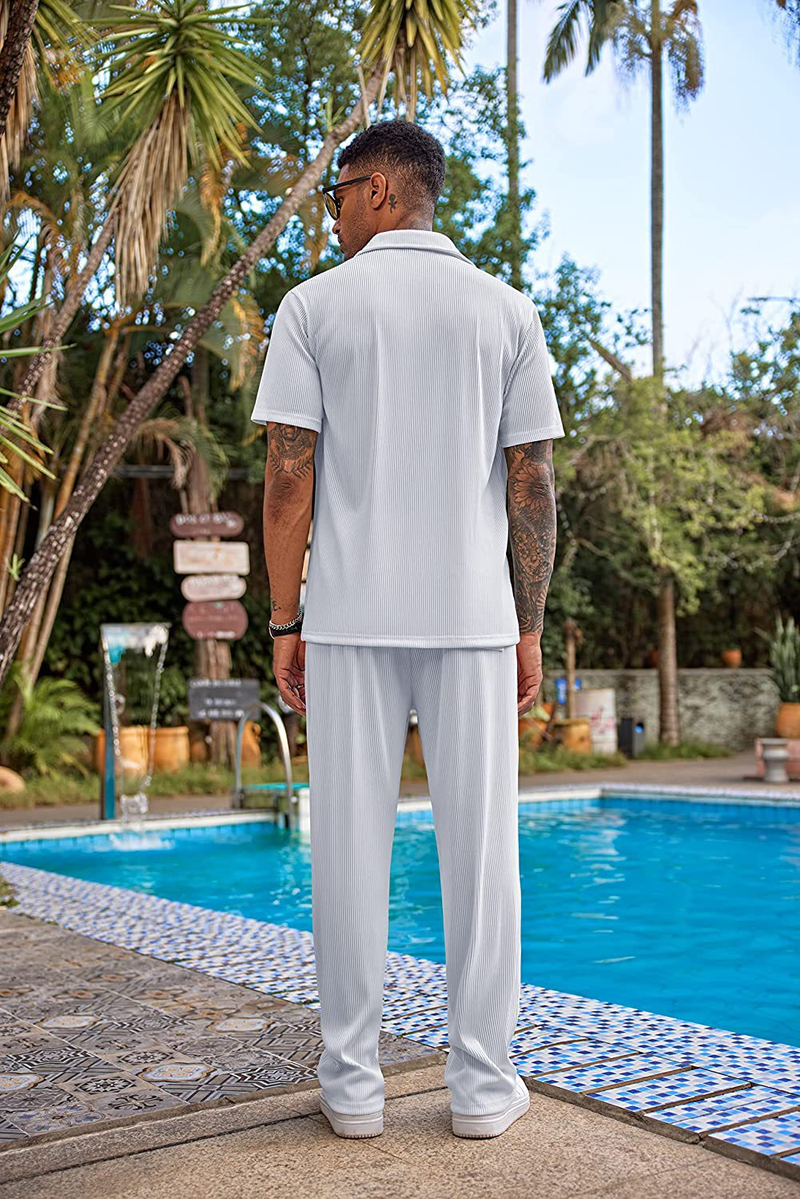Calças compridas de manga curta de cor sólida masculina nova solta conjunto casual_voghion.com