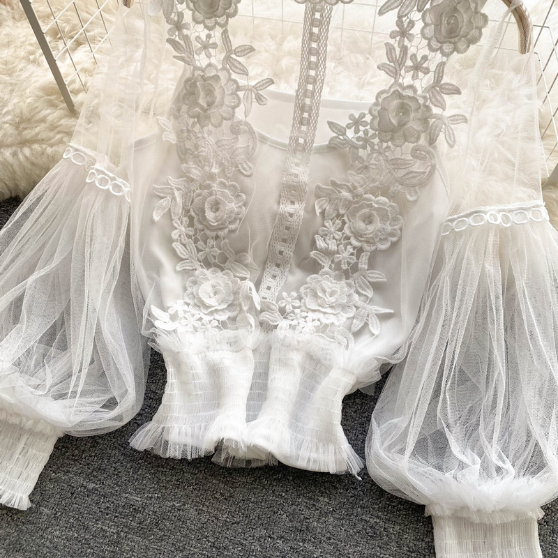 Women's three-dimensional flower collage see-through mesh lantern sleeve slim short top lace base blouse_voghion.com