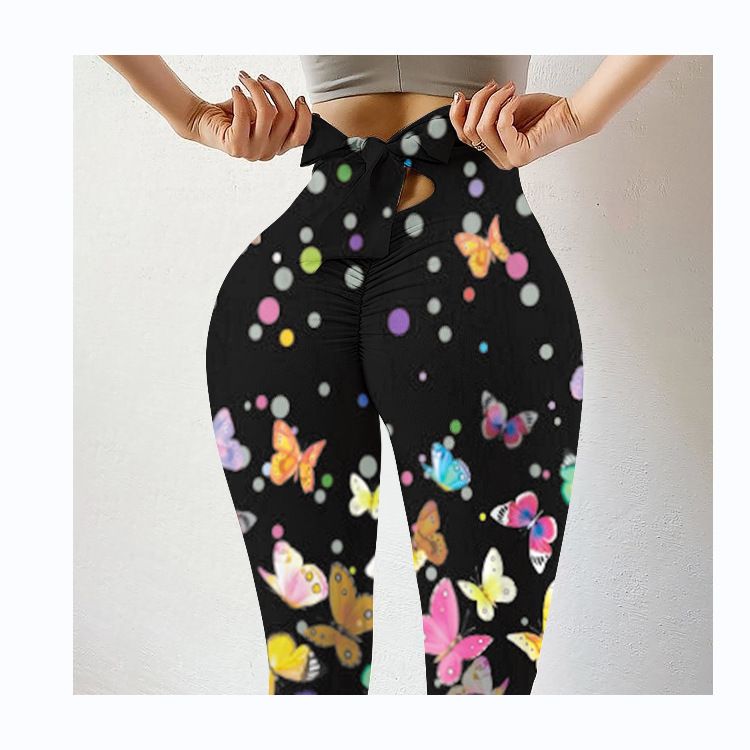 Pantaloni da yoga da yoga da donna con stampa multicolore antirughe sull'anca, dimagranti a vita alta, con fiocco elasticizzato_voghion.com