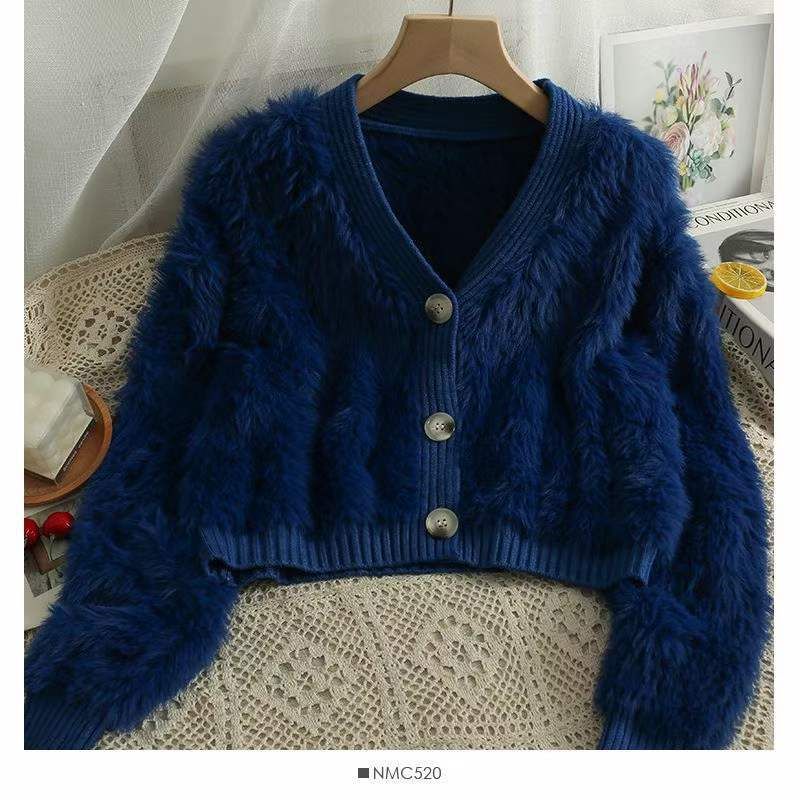 Kuerz gestrickte Cardigan 2023 Hierscht/Wanter Neit Produkt Einfarweg Hoer College Style V-Ausschnëtt Laangärmlech Nerz_voghion.com