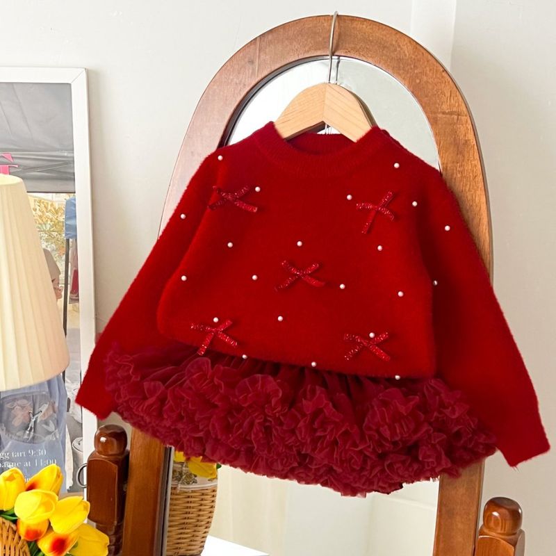 Gonna tutù con fiocco di perle e scollo rotondo in stile coreano, stile autunno e inverno 2025, in maglia, per ragazze_voghion.com