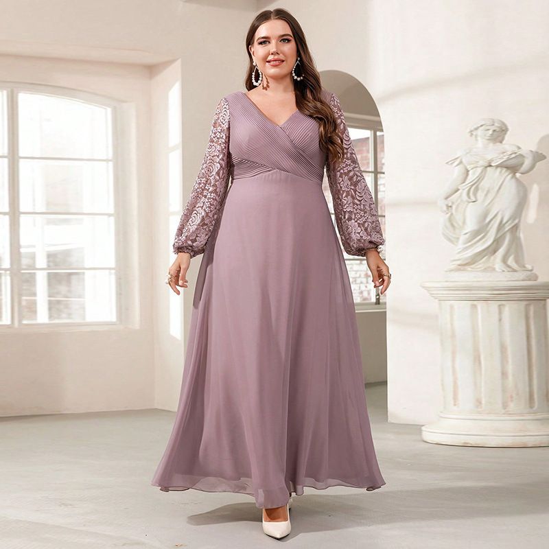 Elegantes Abendkleid aus Satin mit V-Ausschnitt und langen Ärmeln in Übergröße und Pailletten – A-Linien-Kleid für Partys und besondere Anlässe_voghion.com