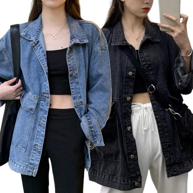 Damjacka tvättad denim Enkelknäppt koftaknappar Håller värmen Långa ärmar Nedfällbar krage Kvinnor Kappa Kvinna_voghion.com