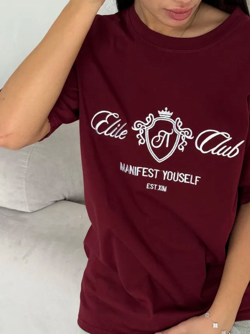 Damenbekleidung T-Shirt Tops Für Frauen Im Sommer Freizeit Lazy Letters Stickerei Drop Shoulder Rundhalsausschnitt Kurze Ärmel Für Frauen_voghion.com