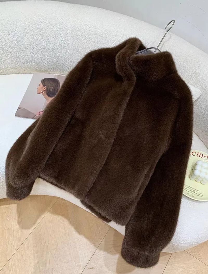 Cappotto in pelliccia sintetica in velluto di visone dorato da donna, con collo alto corto, giacca invernale ecologica in pelliccia sintetica_voghion.com