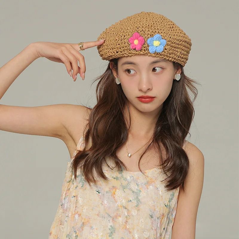 Hot Sale Straw Knitted Puff Flower Ladies Spring,summer And Autumn Thin Weaved Wild British Beret Hollow Painter Hat_voghion.com