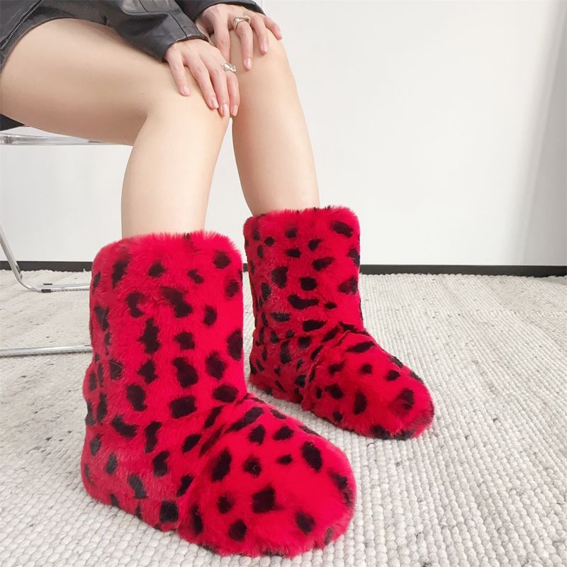 Faux Rabbit Fur Snow Boots For Women, Hot Girl Style Short Boots, Leopard Print Faux Fur Punk Y2k Trendy Cool Style Shoe And Bag Set_voghion.com