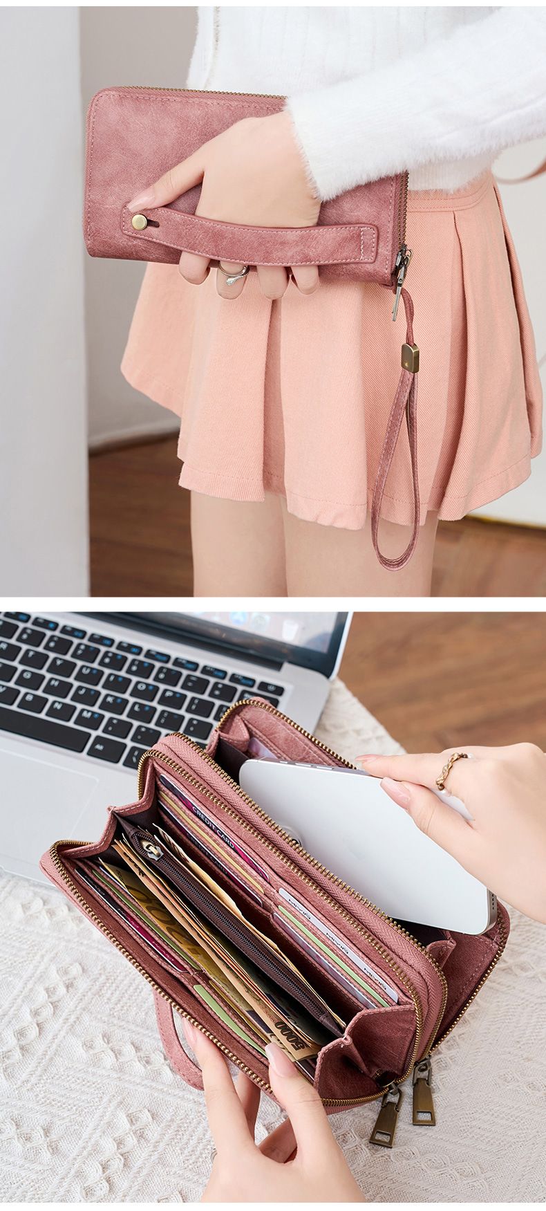 Herren-Geldbörse mit RFID-Schutz, Business-Geldbörse für Herren, modische Geldbörse mit Doppelreißverschluss, lange Geldbörse im Retro-Stil, große Kapazität, Damen-Clutch._voghion.com