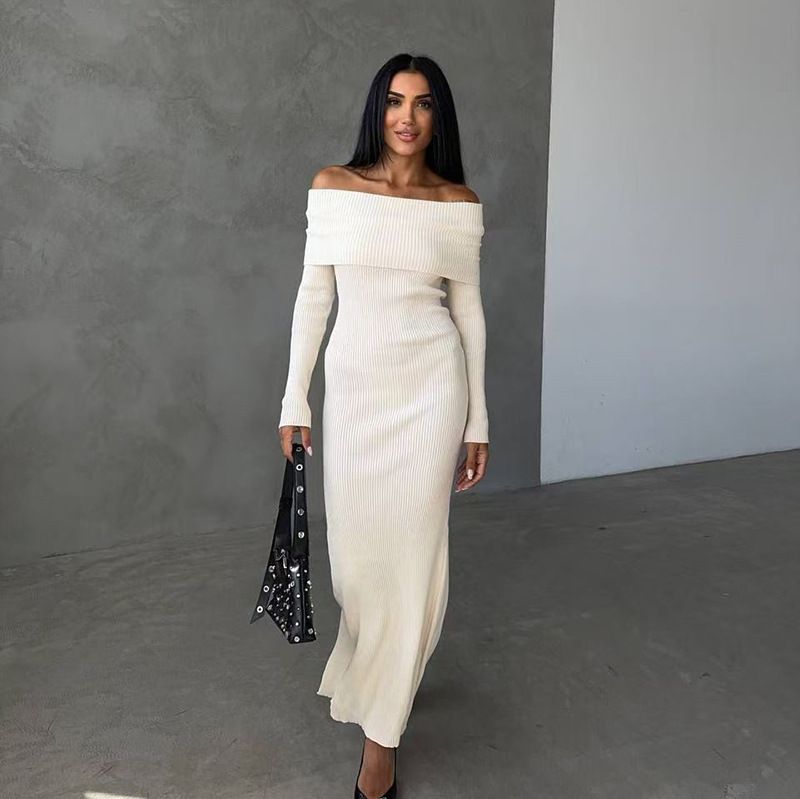 Abito lungo in maglia da donna, alla moda, lungo, con spalle scoperte, a coste, ampio, a vita alta, elegante, abito da festa autunnale_voghion.com