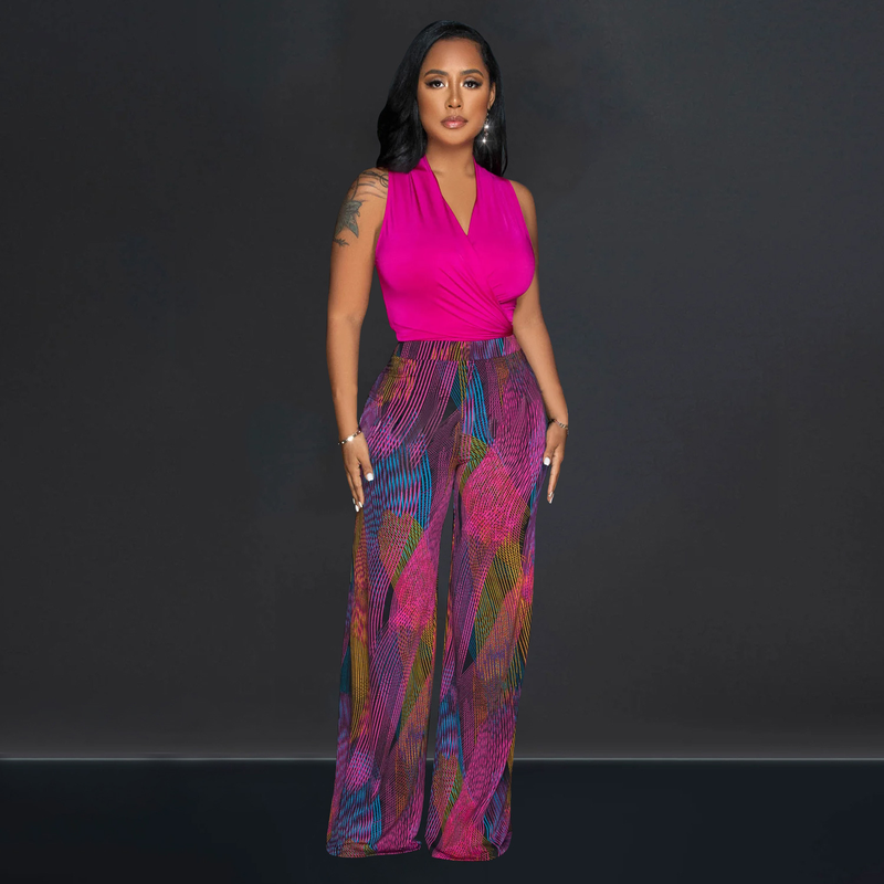 Set di due pezzi di pantaloni senza maniche con scollo a V stampati a colori da donna_voghion.com