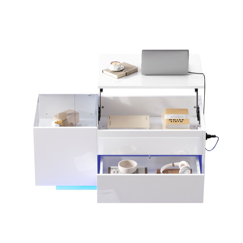 Table basse réglable en hauteur 95 x 48 x 42 cm avec rangement dissimulé, éclairage LED, tiroir et prise – Table d'appoint de salon blanche_voghion.com