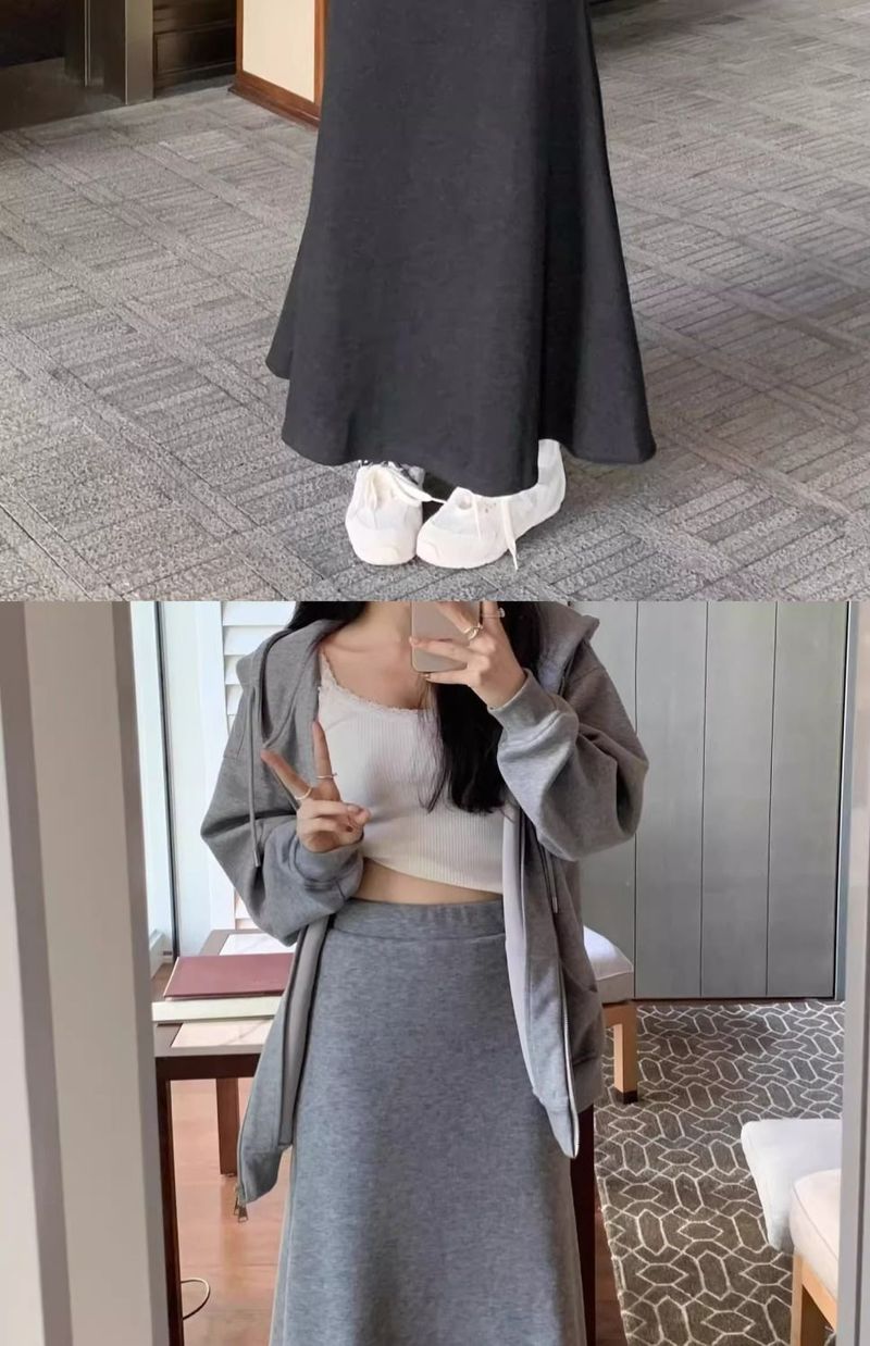 GraceChic GraceChic GraceChic Grijze Midi Dames Lente Herfst Winter Nieuwe Stijl Elegante Hoge A-lijn Zeemeermin Slanke Elastische Taille Rok Eendelig_voghion.com