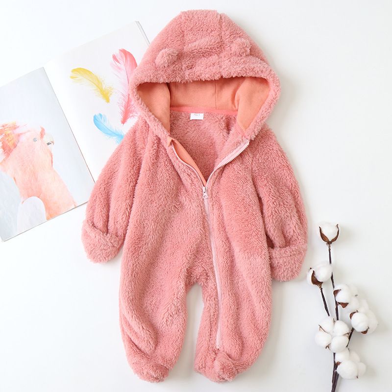 Soft Fleece Hooded Baby Jumpsuit With Mittens - Unisex Cartoon Style Infant Romper For Newborns - Cozy Zipper Closure, Long Sleeve, Neutral Colors_voghion.com