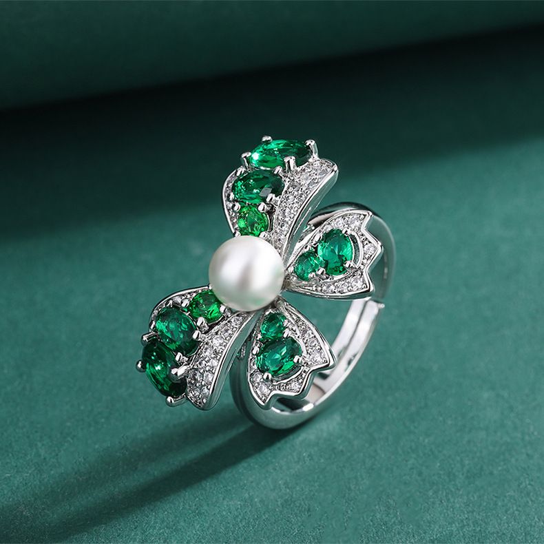 Jewelry Two-piece Fritillary Pearl Gemstone Bow Necklace Ring Emerald Gemstone Pendant_voghion.com
