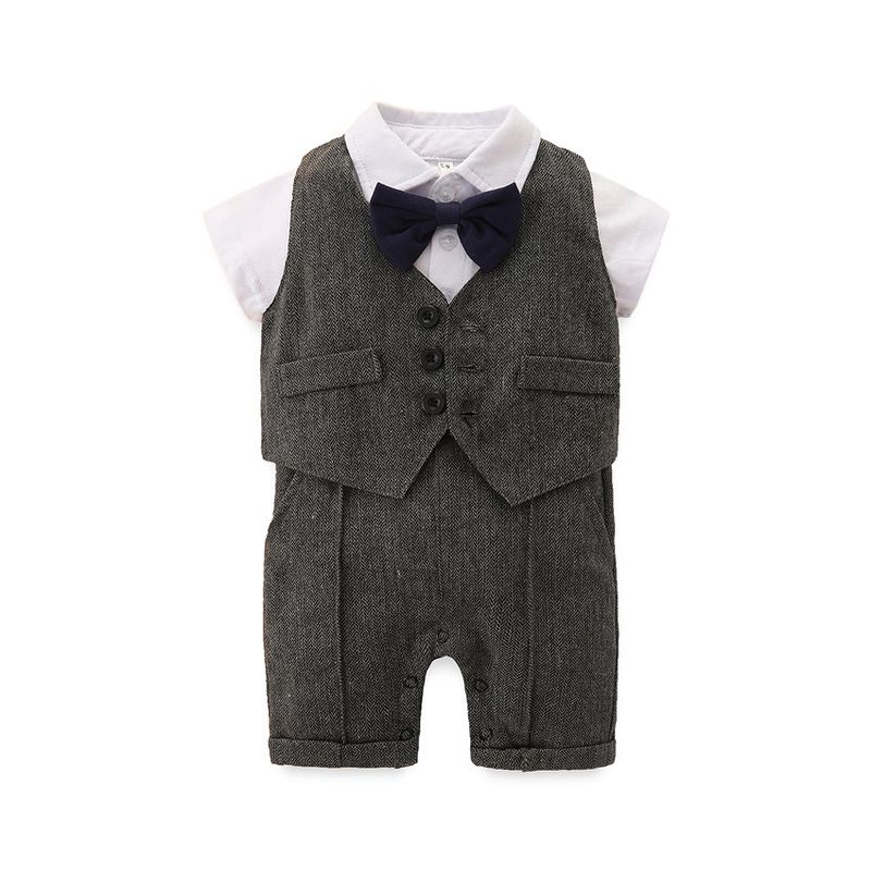 SAMGAMI BABY Ensemble trois pièces pour garçon, version coréenne, barboteuse à manches courtes, gilet et chapeau, blanc, nœud papillon, bretelles_voghion.com