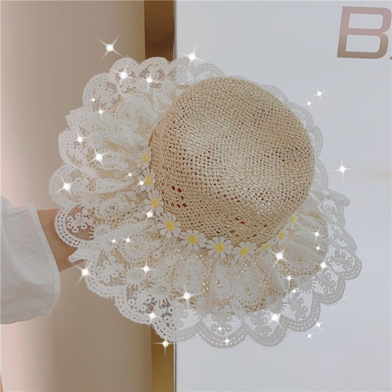 Chapeau de paille de plage pour enfants, mode, été, princesse, dentelle, protection solaire_voghion.com