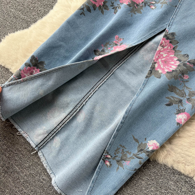 Rose print Off the shoulder halter vest outside wear denim jeans skirts set high waist slit skirt two piece set3832961_voghion.com