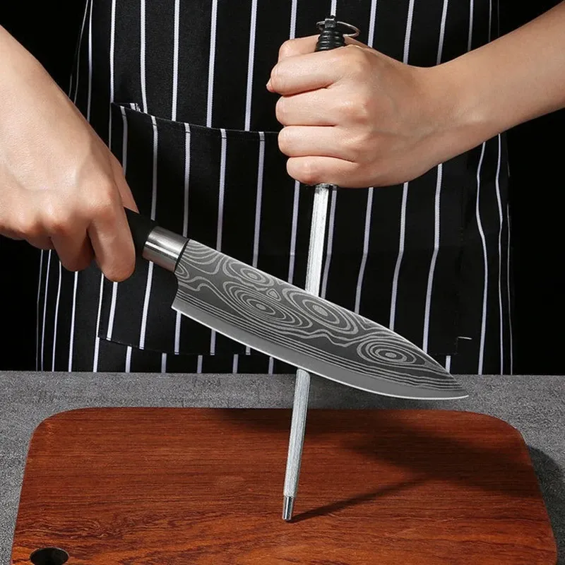 Laser Damascus Pattern Utility Kitchen Knives Scissors Sharpening Rod Set Stainless Steel Sharp Slicing Chef Knife Cooking Tool_voghion.com