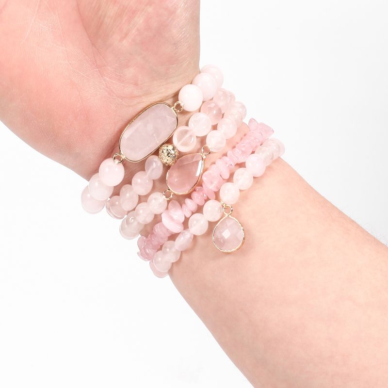 Ronn Perlen Natursteen Armbänner Rosa a Wäiss Set Elastesch Perlen Verstellbar_voghion.com