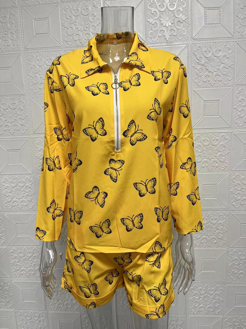 Completo da donna alla moda, pantaloncini con cerniera stampata a maniche lunghe, set da due pezzi_voghion.com