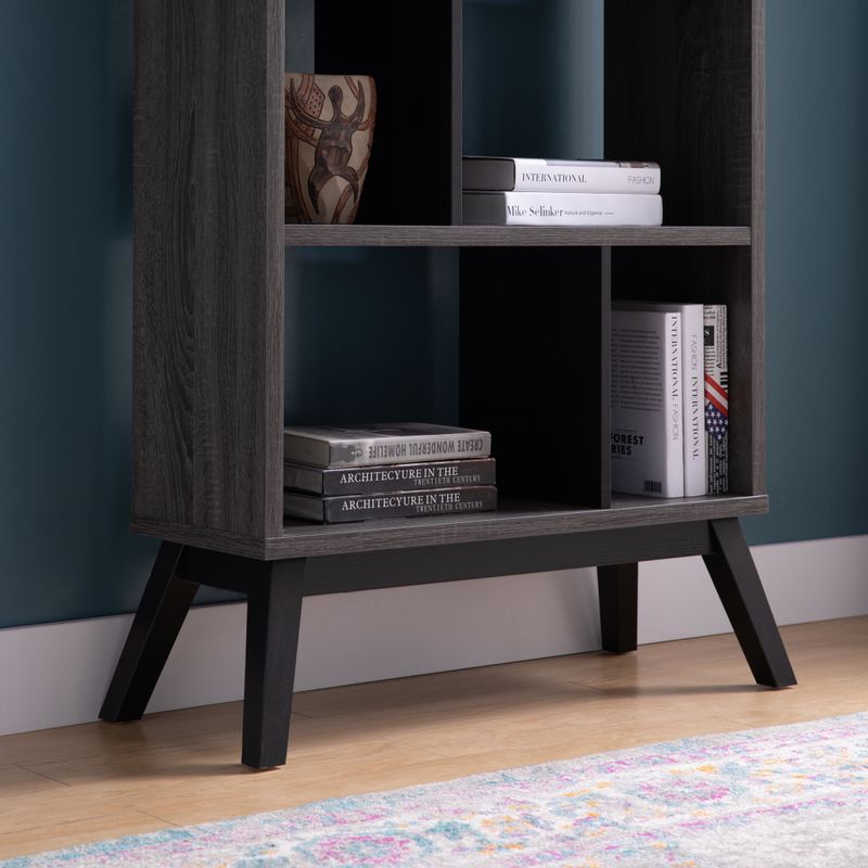 Mid-Century Modern 4 Tier Bookcase, Distressed Gray Bookshelf Display Storage_voghion.com