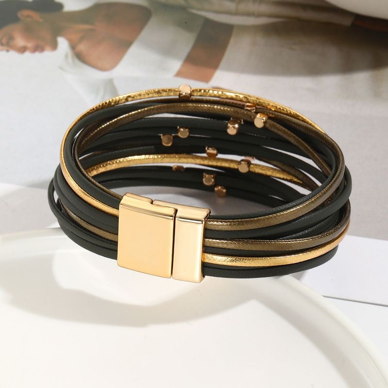 Metal Bead Wristband PU Leather Multi-layer Magnetic Clasp Bracelet For Women_voghion.com