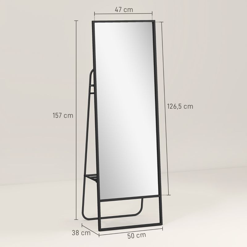 Ganzkörperspiegel Mit Industriellem Design, Hinteres Regal, 2 Haken, Schwarz_voghion.com