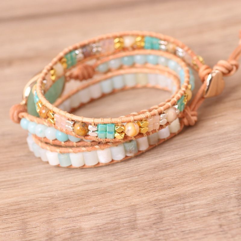 Woven Leather Women's Amazonite Multi-layer Beaded Bracelet Bohemian Creative Jewelry_voghion.com