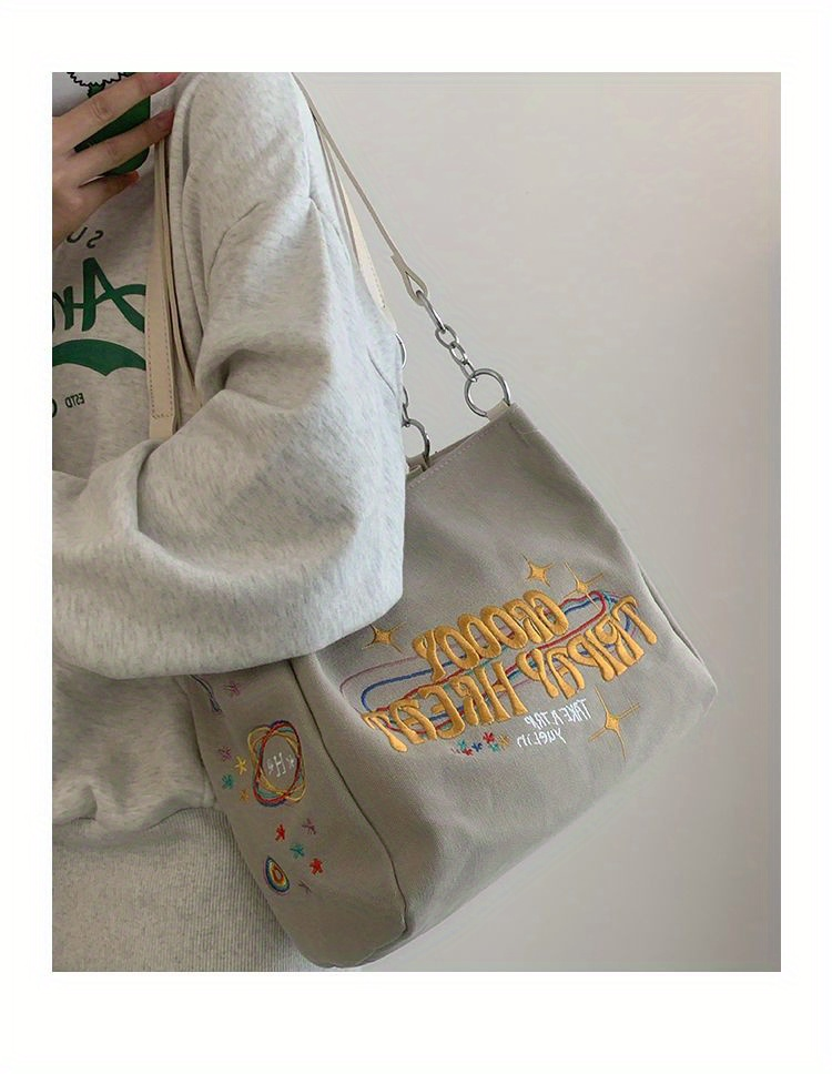 Borsa tote con grafica semplice ricamata, borsa a tracolla in tela con decorazioni in metallo di grande capacità, borsa per pendolari per tutti gli abbinamenti_voghion.com